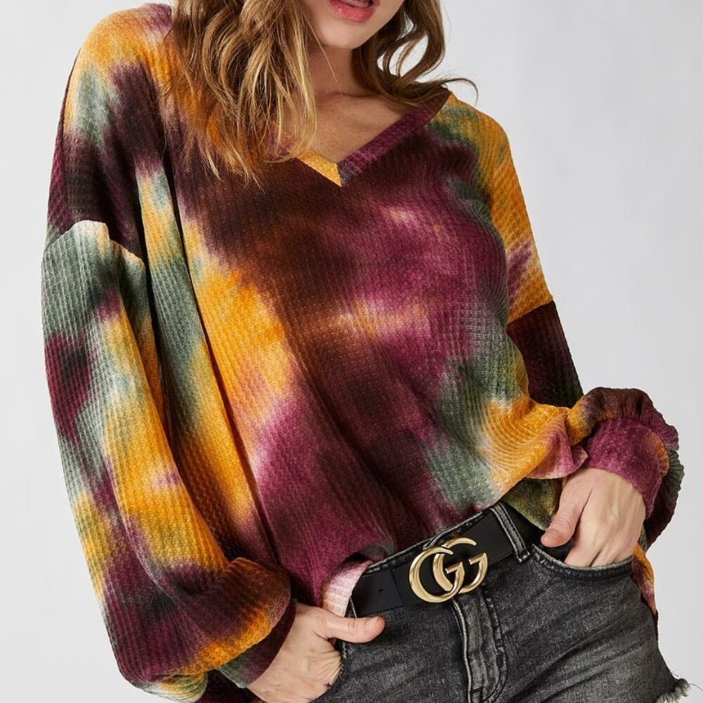 BIBI Tie Dye Waffle Knit Oversized Long Sleeve Shirt